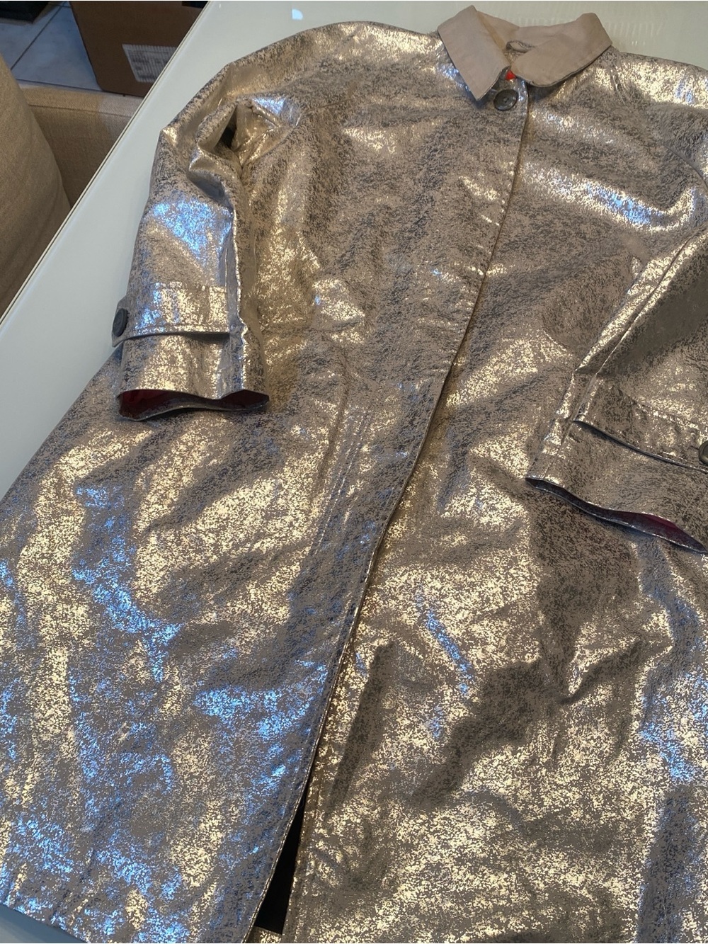 Isaac Mizrahi For Target Metallic Gold Crackle Trench Coat Size XL Pop Pink Trim